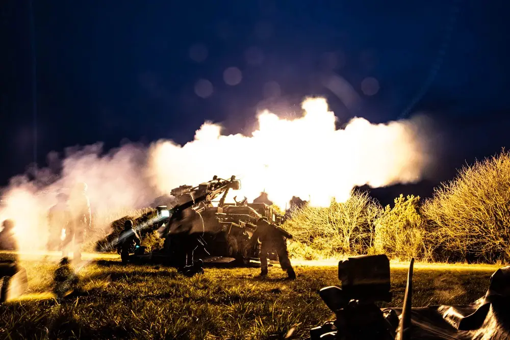 French soldiers with the 93rd Mountain Artillery Regiment, assigned to the Multinational Field Artillery Brigade, fire a CAESAR self-propelled howitzer as part of exercise Dynamic Front held at Oksbol, Denmark
