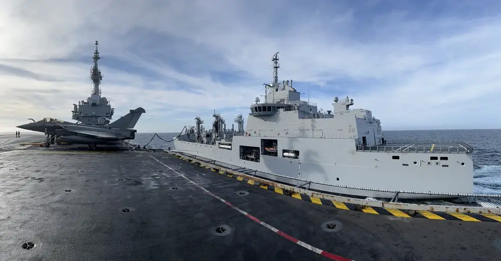The French Navy's new logistic support ship Jacques Chevallier, refueled the Charles de Gaulle for the first time on March 29 before sailing to Toulon, her new home port.