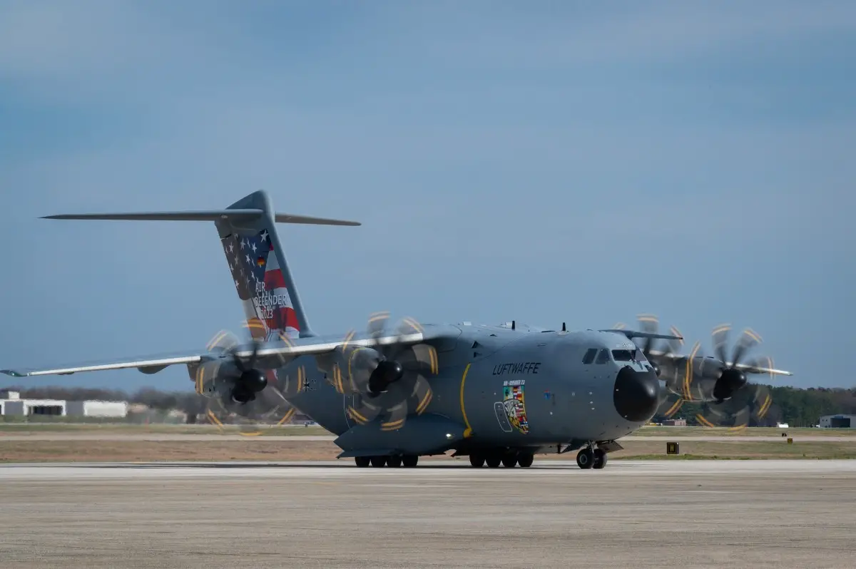 A specially liveried A400M taxiing at Joint Base Andrews, Maryland, during an information campaign promoting exercise Air Defender 23 to US audiences in early April 2023. 
