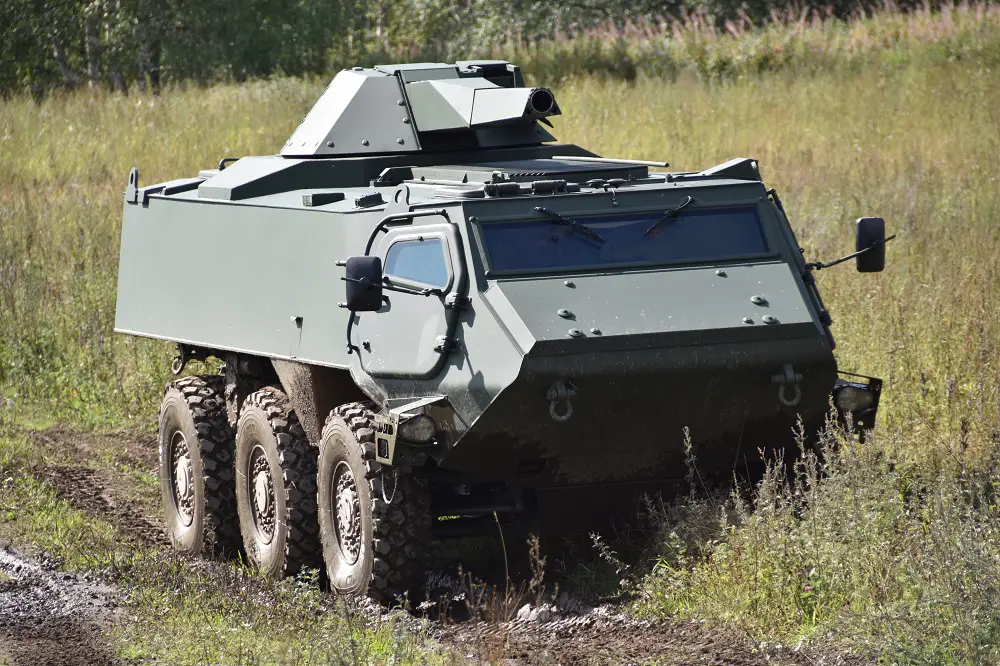 Patria 6×6 six-wheeled armoured personnel carrier.
