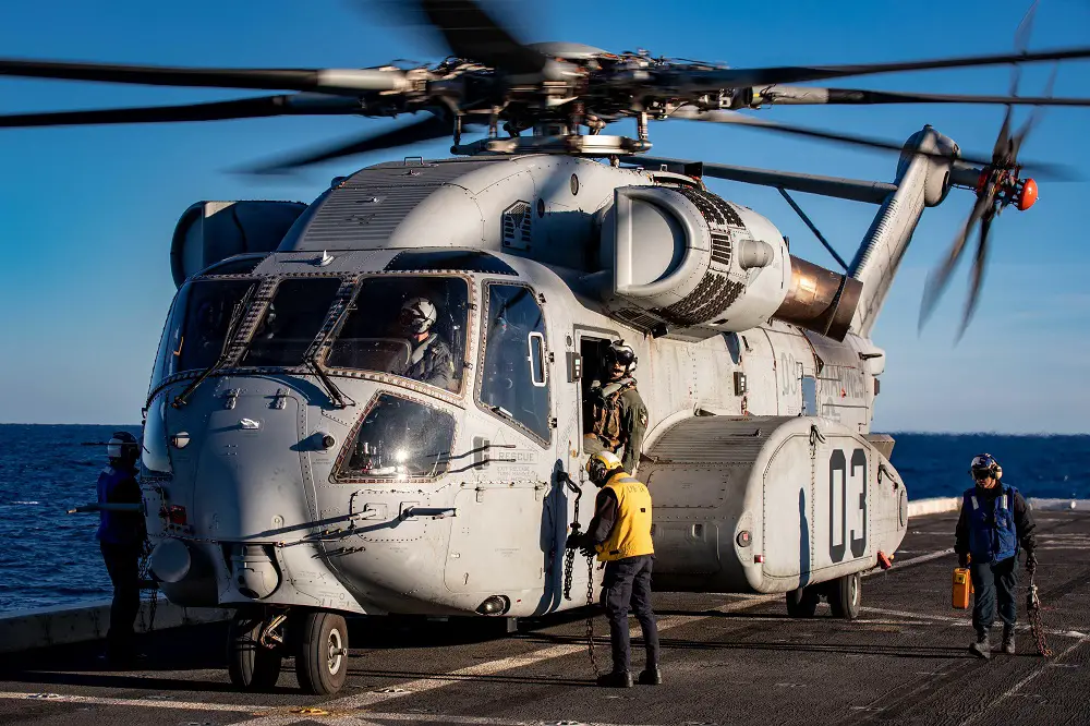 U.S. Navy Sailors assigned to the San Antonio-class amphibious transport dock ship USS Arlington (LPD 24) remove chocks and chains from a CH-53K King Stallion helicopter during flight operations aboard Arlington, Feb. 14, 2023. The King Stallion is a heavy-lift cargo helicopter that underwent its second set of sea trials as the next evolution of the CH-53 series helicopters that have been in service since 1966.