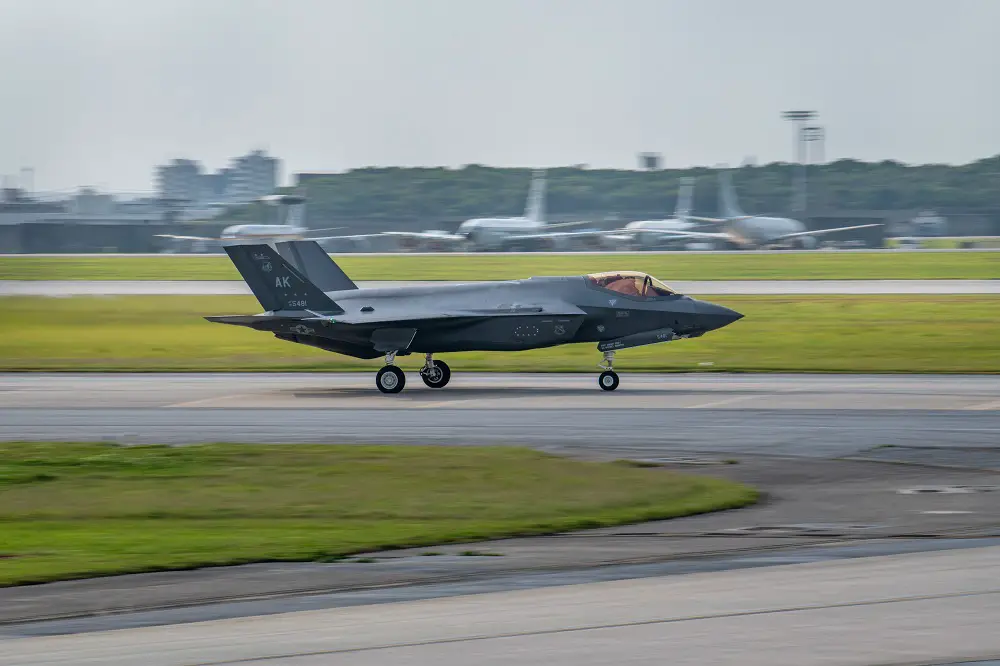 A U.S. Air Force F-35A Lightning II assigned to the 354th Fighter Wing at Eilson Air Force Base, Alaska, lands at Kadena Air Base, Japan, March 28, 2023.