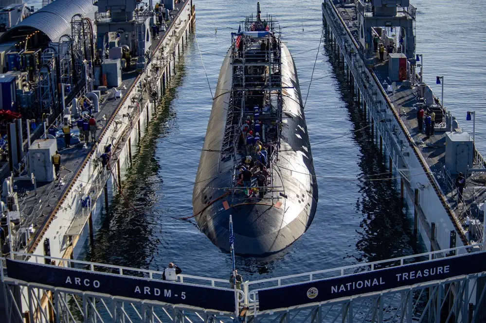US Navy Los Angeles-class nuclear-powered Attack Submarine USS Alexandria Departs Dry-dock