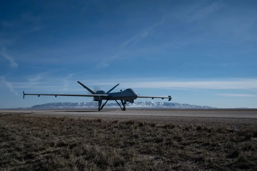 An MQ-9 Reaper lands on Highway 287 during Exercise Agile Chariot, April 30, 2023, honing capabilities linked to Agile Combat Employment. 