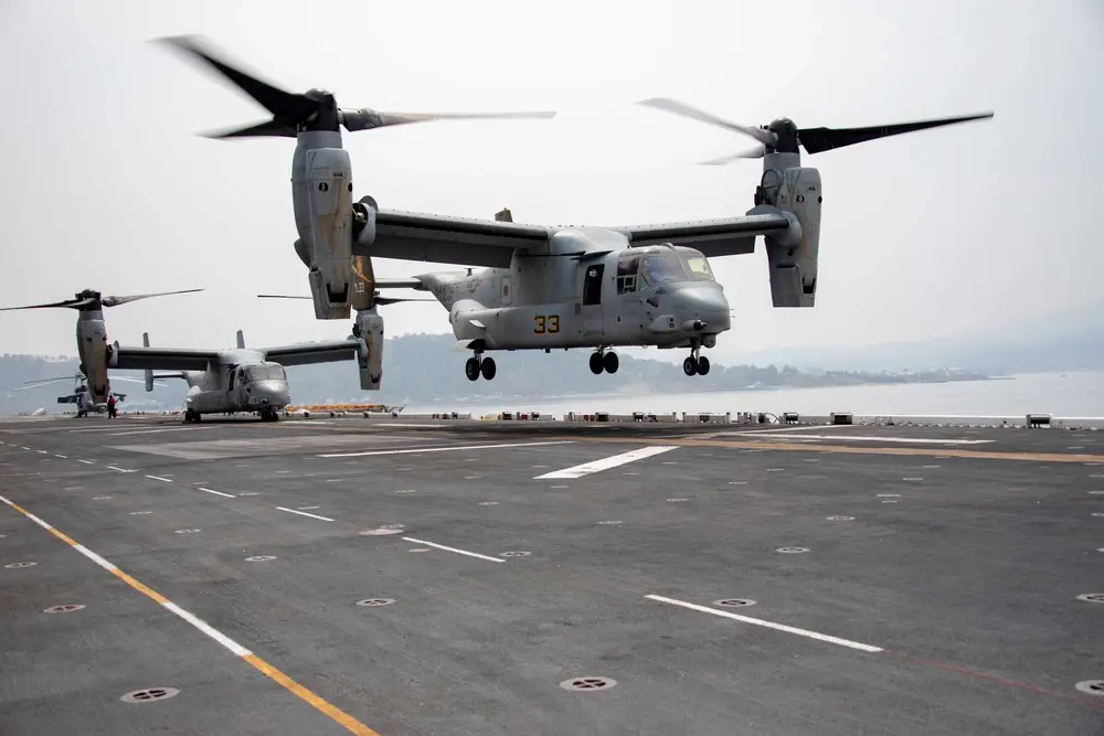 A U.S. Marine MV-22 Osprey assigned to Marine Medium Tiltrotor Squadron (VMM) 362 (Rein.), 13th Marine Expeditionary Unit, takes off from the flight deck of amphibious assault ship USS Makin Island (LHD 8), during Balikatan 23, April 12, 2023 in the Subic Bay Harbor. 