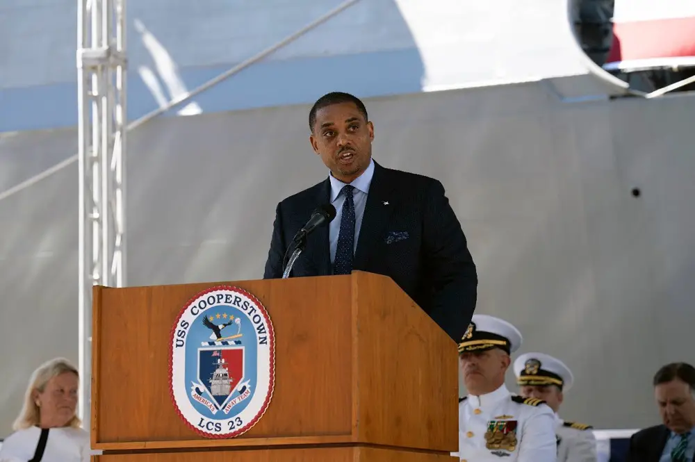Chauncey McIntosh, vice president and general manager of Integrated Warfare Systems and Sensors at Lockheed Martin, delivers remarks at the LCS 23 commissioning ceremony.