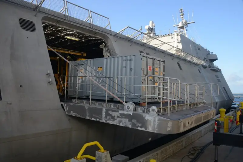 The Mine Countermeasures Mission Package (MCM MP) is loaded onto the USS Cincinnati (LCS 20) ahead of End-to-End Testing before Initial Operational Test and Evaluation (IOT&E).