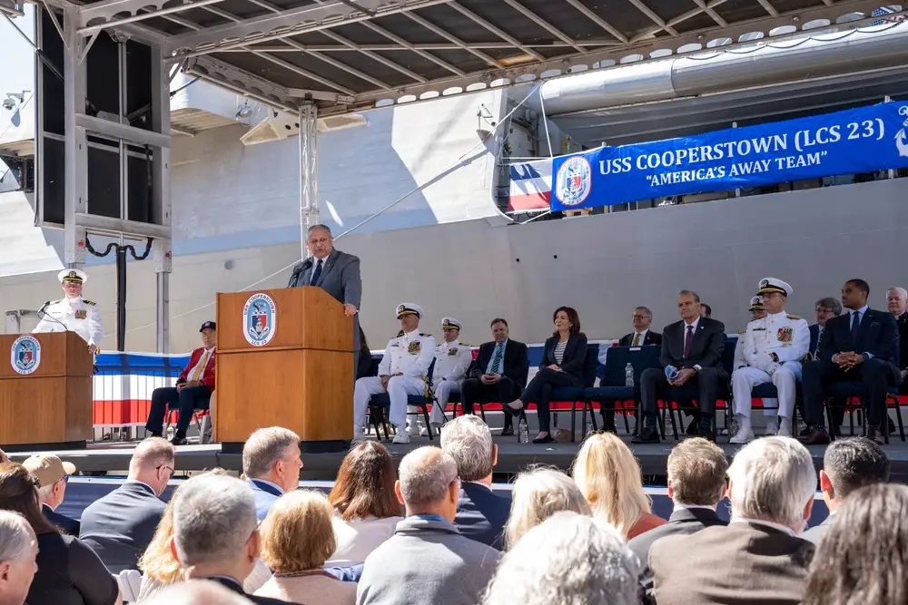 New York City (May 6, 2023) – Secretary of the Navy, the Honorable Carlos Del Toro, speaks during the commissioning ceremony of the Freedom-variant littoral combat ship USS Cooperstown (LCS 23) in New York City. Cooperstown is the first U.S. Navy warship to honor Cooperstown, New York, home of the National Baseball Hall of Fame.