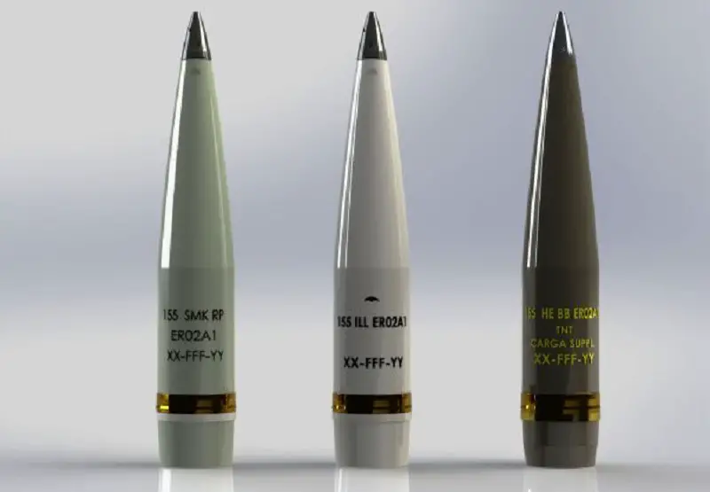 The complete family of EXPAL 155 mm extended range projectiles, from left to right, include smoke, illuminating, and high-explosive versions.