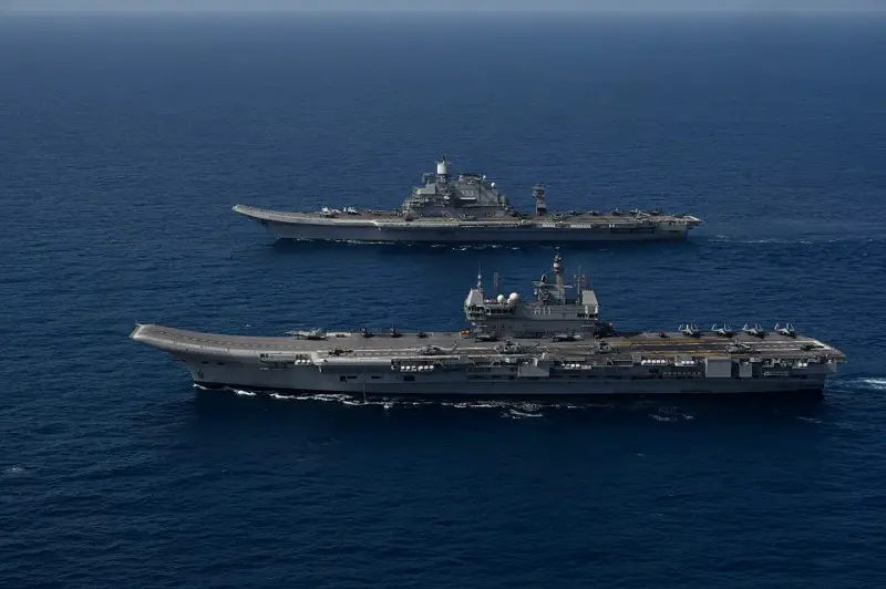 Indian Navy Demos Combined Operations by INS Vikramaditya and INS Vikrant Aircraft Carriers