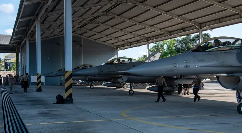 U.S. Air Force F-16s assigned to the 35th Fighter Squadron, Kunsan Air Base, Republic of Korea, park on the flight line at Roesmin Nurjadin Air Force Base, Indonesia, June 10, 2023. 