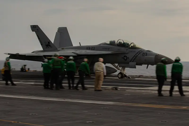An F/A-18F Super Hornet from Strike Fighter Squadron (VFA) 213 launches off of the flight deck of the first-in-class aircraft carrier USS Gerald R. Ford (CVN 78) using the Electromagnetic Aircraft Launching System (EMALS), March 10, 2023. As the first-in-class ship of Ford-class aircraft carriers, CVN 78 represents a generational leap in the U.S. Navy's capacity to project power on a global scale.
