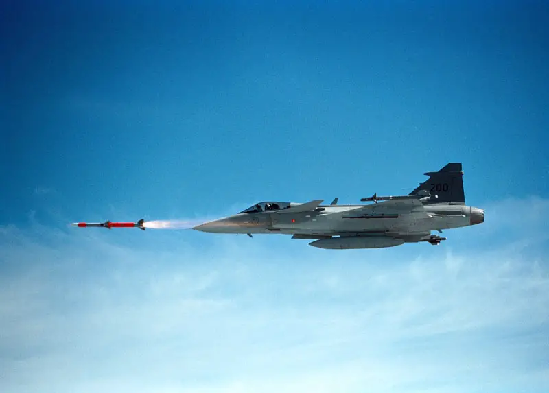 Saab JAS 39 Gripen fired with AIM-120 Advanced Medium-Range Air-to-Air Missile (AMRAAM).