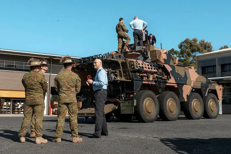 Delegations from German Federal Ministry of Defence attend a static display of the Australian Army Boxer Reconnaissance Vehicle from the 2nd/14th Light Horse Regiment (Queensland Mounted Infantry), during their visit to Gallipoli Barracks, Brisbane.