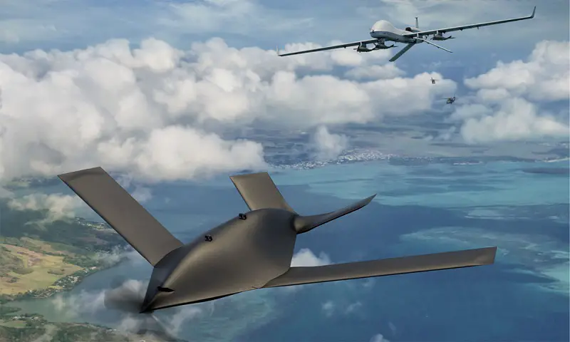 Artist’s rendering of a new SUAS prototype from GA-ASI, shown here operating from an MQ-1C Gray Eagle and teaming with U.S. Army rotorcraft to support stand-in jamming, suppression of enemy air defenses, artillery missions and more.