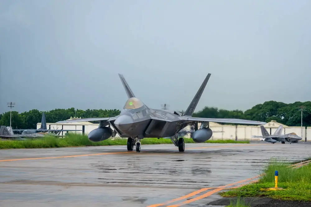 A U.S. Air Force F-22 Raptor assigned to the 199th Expeditionary Fighter Squadron, taxi's prior to aircraft launch during exercise Cope Thunder 23-2 at Clark Air Base, Philippines, July 17, 2023. 