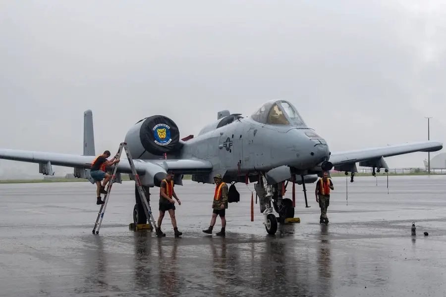 U.S. Air Force Airmen, assigned to the 354th Fighter Generation Squadron at Davis-Monthan Air Force Base, Arizona, complete post-flight procedures on a U.S. Air Force A-10C Thunderbolt II, assigned to the 354th Fighter Squadron at Davis-Monthan AFB, Arizona, during exercise Cope Thunder 23-2 at Clark Air Base, Philippines, July 16, 2023.