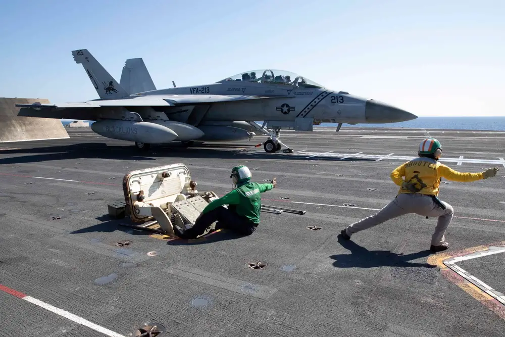 An F/A-18F Super Hornet, attached to the "Blacklions" of Strike Fighter Squadron (VFA) 213 prepares to launch from the flight deck of the world’s largest aircraft carrier USS Gerald R. Ford (CVN 78) in the Adriatic Sea, July, 8, 2023.