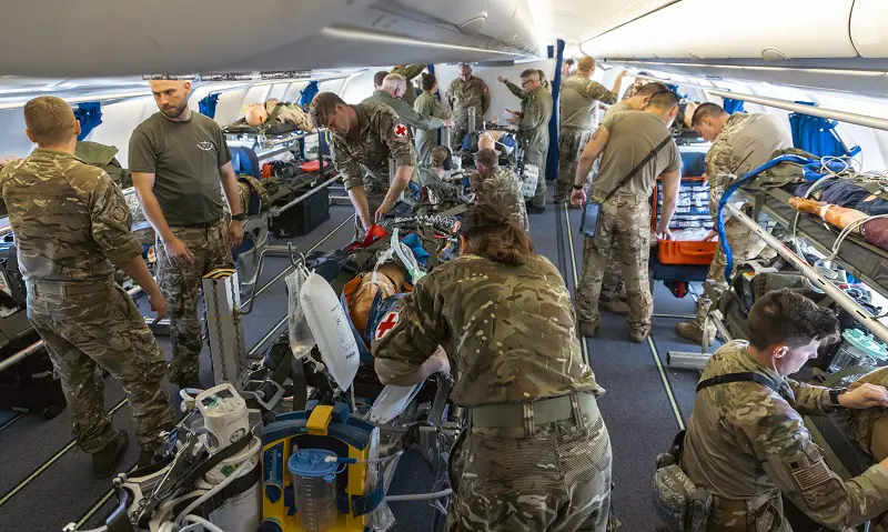 The RAF's Tactical Medical Wing, along side medical teams coalition partner nations carry out vital training whilst on board a Royal Air Force Voyager.
