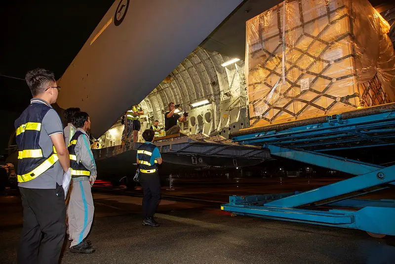 Cargo bound for South Sudan in Northern Africa is loaded on to a Royal Australian Air Force C-17A Globemaster at Tan Son Nhat International Airport in Ho Chi Minh City, Vietnam.