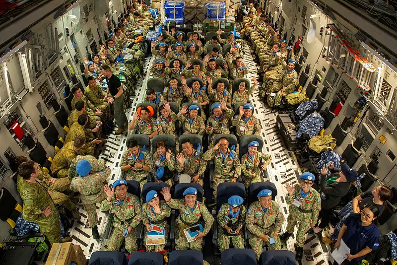 Peacekeepers from the Vietnam People's Army Level Two Field Hospital contingent - Rotation Five, onboard a Royal Australian Air Force C-17A Globemaster prior to departing on a United Nations Mission out of Ho Chi Minh City, Vietnam, to South Sudan in Northern Africa.
