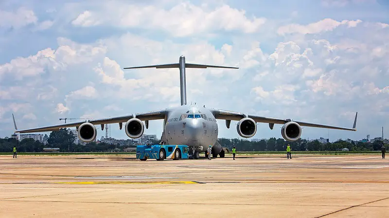 A Royal Australian Air Force C-17A Globemaster aircraft, bound for South Sudan, prepares to depart Ho Chi Minh City in Vietnam.