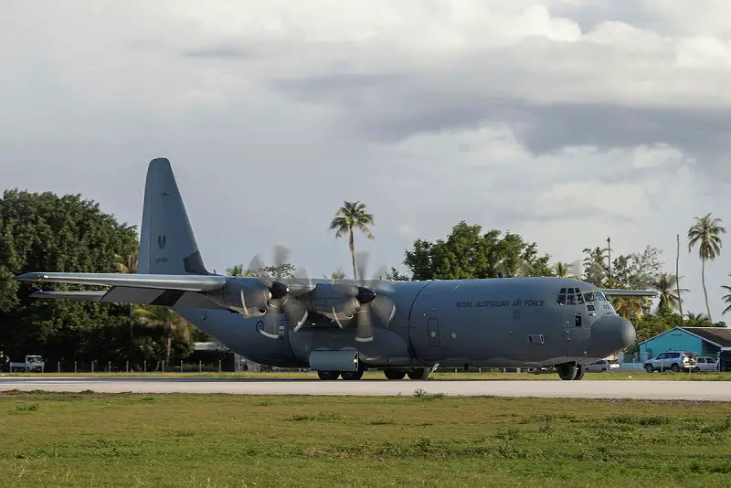 A Royal Australian Air Force C-130J Hercules aircraft from No. 37 Squadron, arrives at Nauru International Airport during Operation Render Safe.
