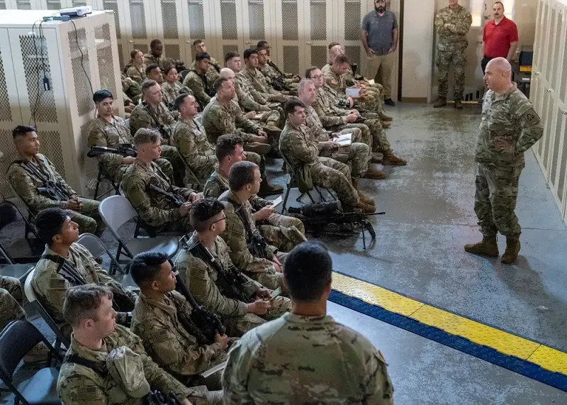 U.S. Army Col. Will Freds, U.S. Army North’s Task Force 51 Chief of Staff, welcomes Soldiers from the 519th Military Police Battalion, XVIII Airborne Corps, stationed at Fort Johnson, Louisiana, after arriving to White Sands Missile Range, New Mexico, in response to an emergency deployment readiness exercise. 