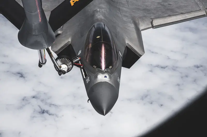 U.S. Marine Corps Maj. Robert Ahern, an F-35C Lighting II pilot assigned to Marine Fighter Attack Squadron (VMFA) 314, Marine Aircraft Group (MAG) 11, 3rd Marine Aircraft Wing (MAW), conducts aerial refueling over the Pacific Ocean, June 17, 2023. 