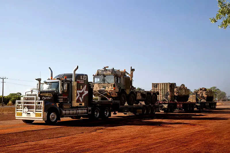 Australian Army vehicles are transported by civilian contractors from the 9th Brigade in Adelaide, South Australia to the 1st Brigade in Darwin, Northern Territory.
