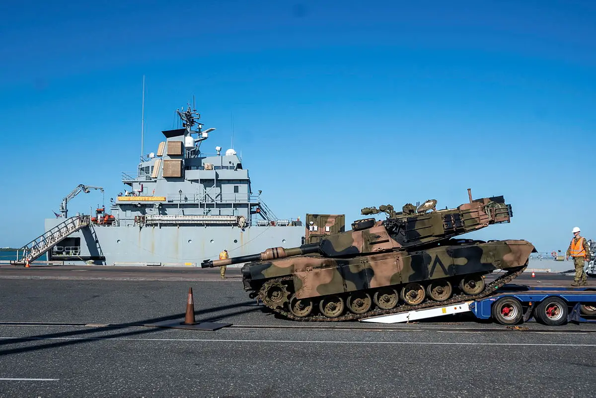 An Australian Army M1A1 Abrams Tank arrives at the Port of Darwin, NT to be loaded onto the USAV SSGT. Robert T. Kuroda ahead of sailing to Indonesia for Exercise Super Garuda Shield 23.
