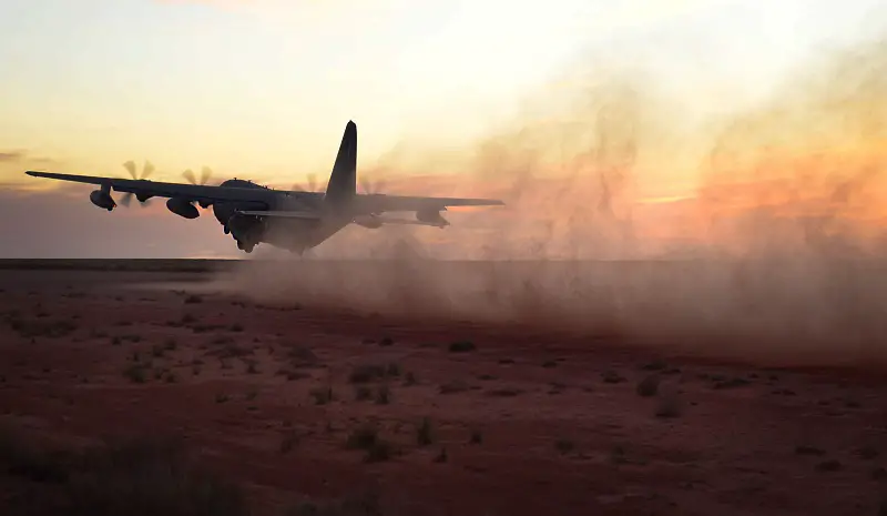 Leaving a trail of dust in its wake, an MC-130J Commando II takes off April 2, 2015, at Melrose Air Force Range, N.M. The aircraft’s crew demonstrated its capability to take off, land, and perform air drops in remote areas during a joint exercise.