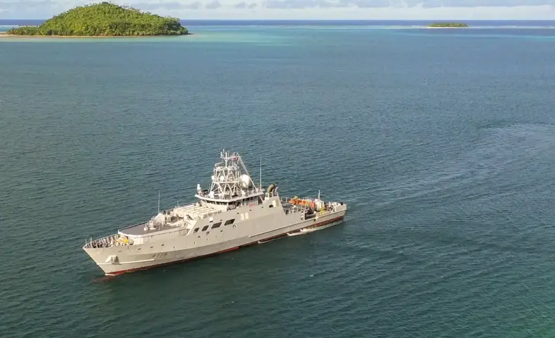 The French Navy's first new Félix Éboué-class offshore patrol vessel, Auguste Bénébig (P 779), has arrived at its new home port in New Caledonia. (French Navy)