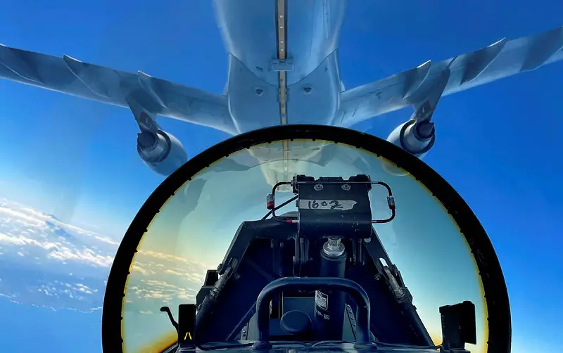 Pilot perspective from an Indonesian Air Force F-16 Fighting Falcon aircraft during an air-to-air refuelling training activity with a Royal Australian Air Force (RAAF) KC-30A Multi-Role Tanker Transport (MRTT) from No. 33 Squadron.