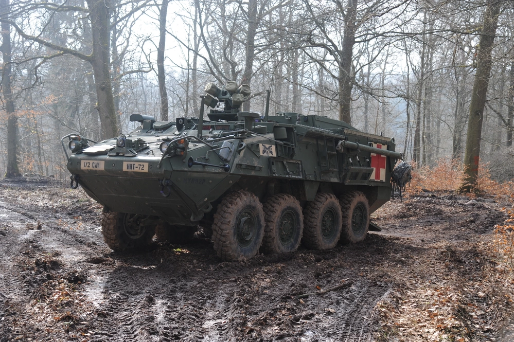 A M1133 Stryker, Medical Evacuation Vehicle of the 2nd Stryker Cavalry Regiment on the Baumholder Maneuver Training Area "H" during the U.S. Army Europe Expert Field Medical Badge Competition serves as the vehicle where candidates will load their litters onto.