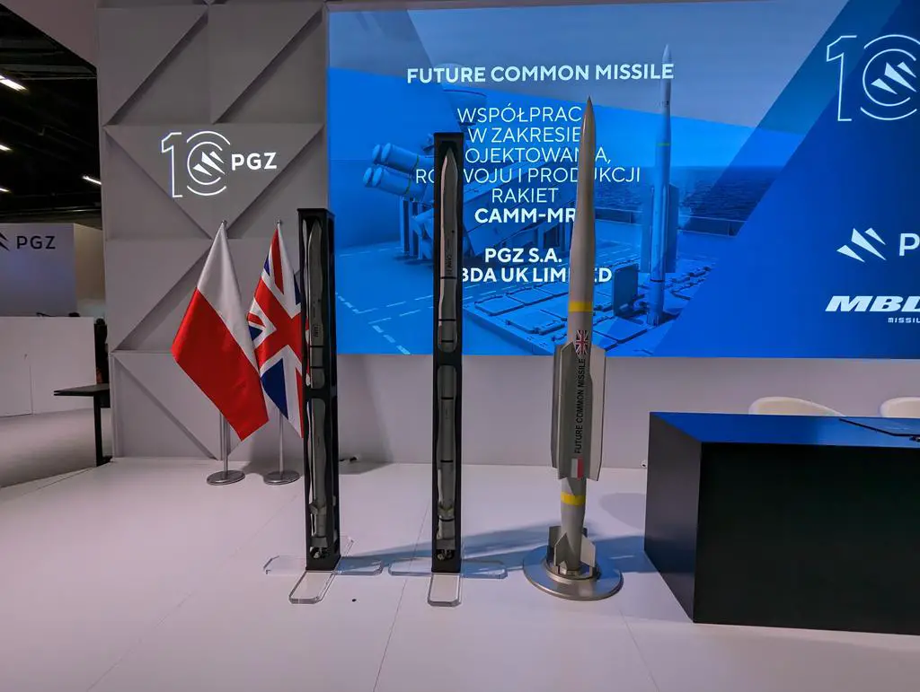 MBDA's Common Anti-air Modular Missile, its CAMM-ER extanded-range version and a mockup of the future CAMM Medium-Range that the company will jointly develop with Poland's PGZ Group.