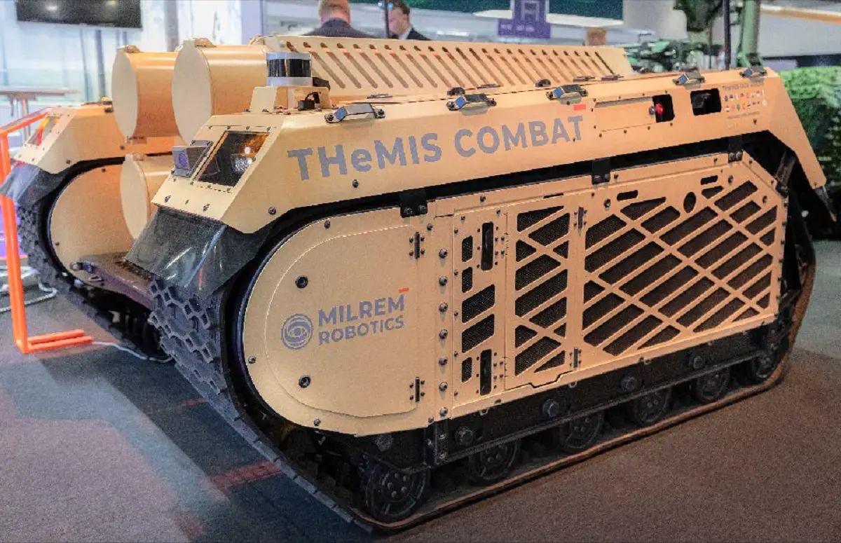 The THeMIS Combat with the Hunter 2-S Loitering Munition multi-cannister launcher provides dismounted infantry and Special Forces units with a combination of long-range ISR capabilities and firepower.