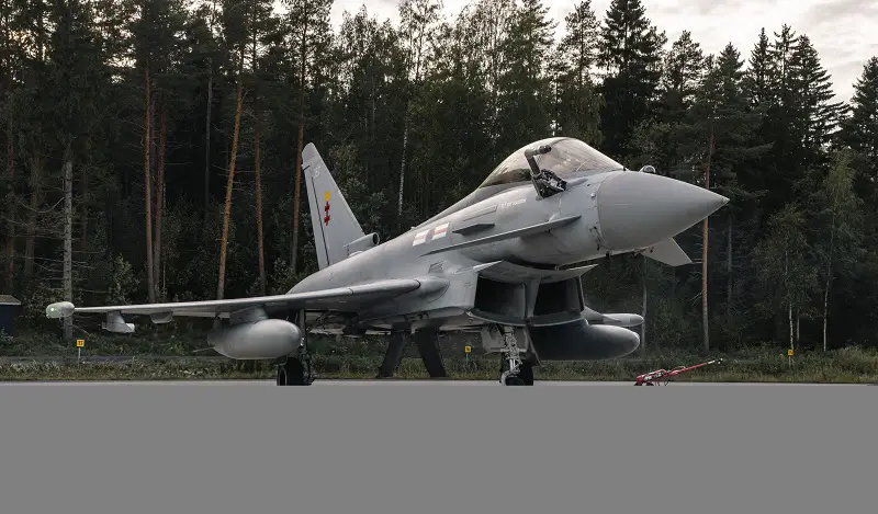 The Royal Air Force Eurofighter Typhoon multinational twin-engine, canard delta wing, multirole fighter at Rissala Air Base