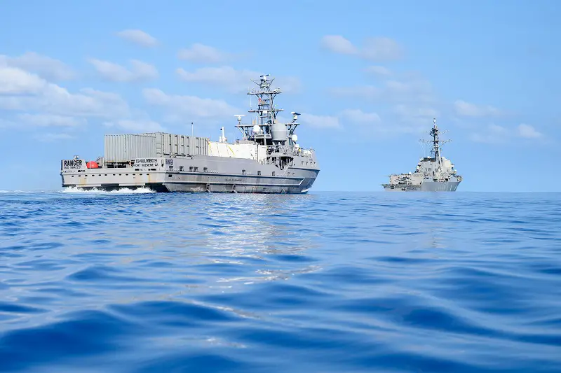 The unmanned surface vessel Ranger trails the Arleigh Burke-class guided-missile destroyer USS Shoup (DDG 86) as both ships transit the Pacific Ocean during Integrated Battle Problem (IBP) 23.2, Sep. 15, 2023. IBP 23.2 is a Pacific Fleet exercise to test, develop and evaluate the integration of unmanned platforms into fleet operations to create warfighting advantages. (U.S. Navy photo by Mass Communication Specialist 2nd Class Jesse Monford)
