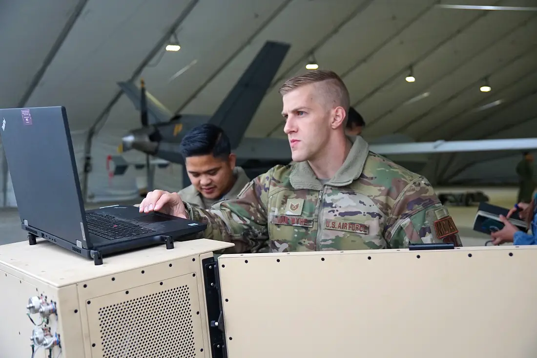 Airmen from the 163rd ATKW prepare the MQ-9A Reaper Satellite Launch and Recover Package (SLR-P) for start-up during a proof-of-concept event in Miros?awiec, Poland, Aug. 30, 2023. The SLR-P offers a compact, "wallet-sized" innovation poised to launch and recover the MQ-9A at strategic theater locations situated in some of the most rugged, remote outposts in Europe. This marks a departure from conventional practices that necessitated returning to home stations for basic level maintenance.