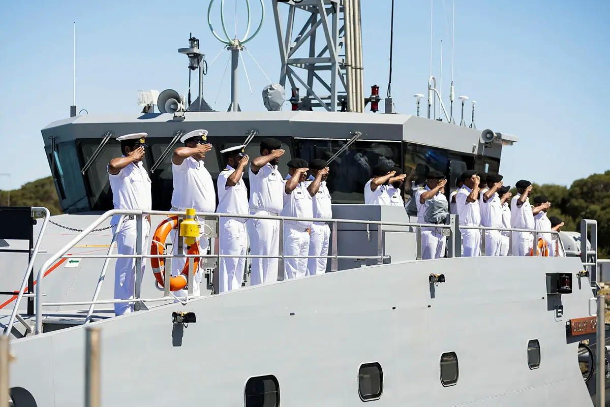 HMPNGS Gilbert Toropo ship's company 'man ship' completion of thethe handover ceremony of the Guardian Class Patrol Boat at HMAS Stirling, Western Australia.
