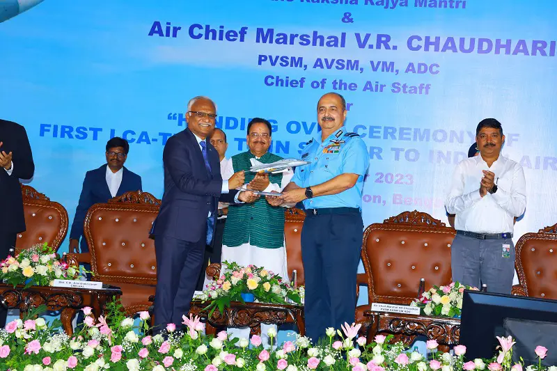 Raksha Rajya Mantri Shri Ajay Bhatt hands over Twin seater  LCA Tejas  to the Indian Air Force