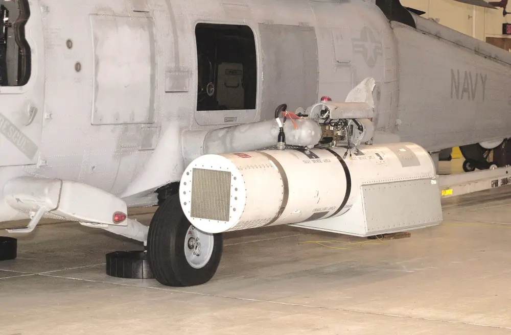 Front view of Helicopter with Airborne Laser Mine Detection System (ALMDS) pod.