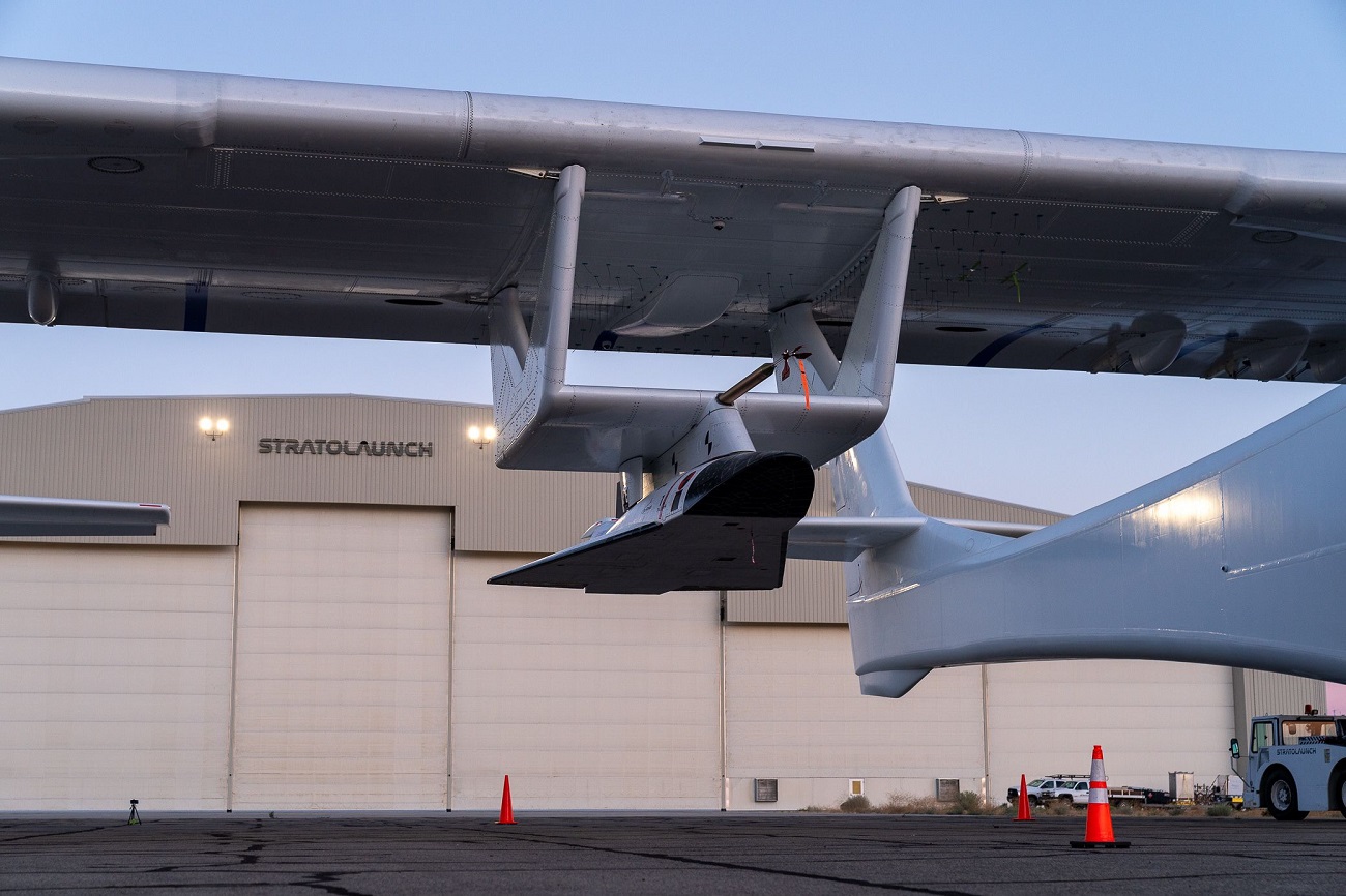 Stratolaunch's Roc and Talon-A 1 (TA-1) positioned outside as an integrated system during a propulsion system test for the TA-1 hypersonic vehicle on Aug. 19, 2023. 