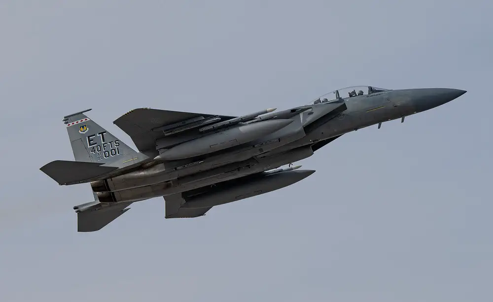 The first F-15EX to arrive at Eglin Air Force Base, in March of 2021 soars over the runway at Eglin AFB, Florida on Dec. 20, 2023. EX1 joined EX3 and EX4 in formation. EX 003 and EX 004 are the Air Force’s newest fighter jets and have updated features such as the cockpit pressure monitor and warning system and an ultra-high frequency antenna for satellite communications. The 40th Flight Test Squadron and the 85th Test and Evaluation Squadron personnel are responsible for testing the aircraft.(U.S. Air Force photo by Ilka Cole)