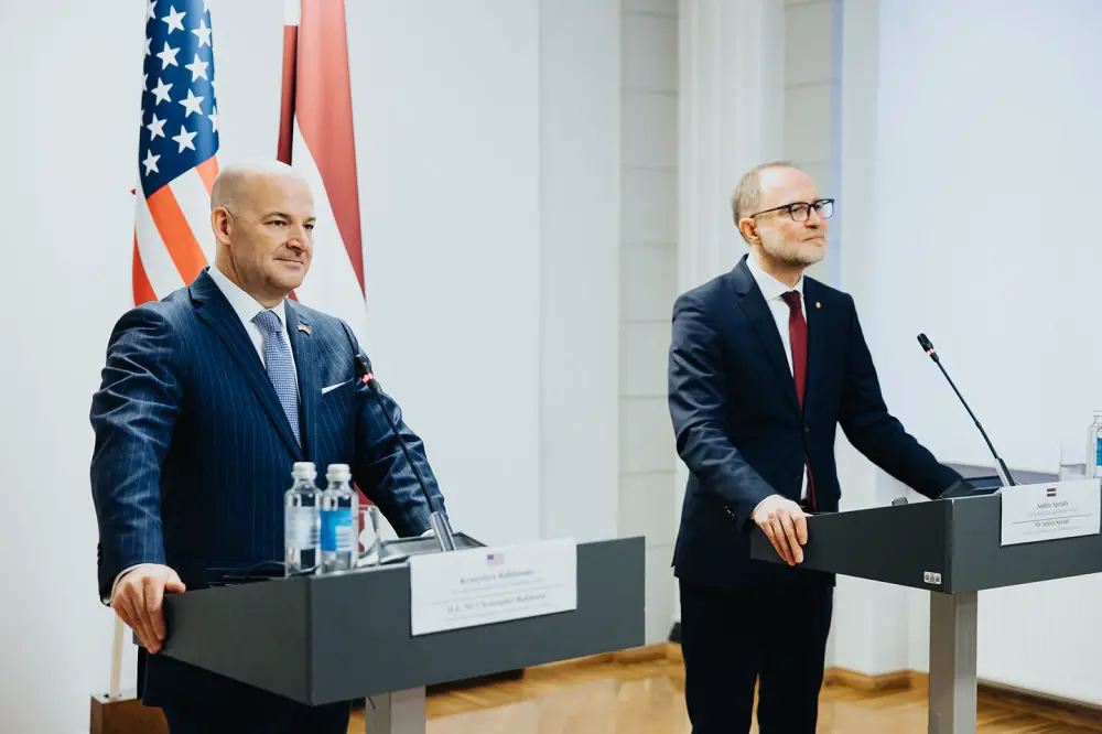 Latvian Defense Minister Andris Spruds and US Ambassador Christopher Robinson announce the signature of a $105 million contract for the purchase of Naval Strike Missile anti-ship missiles jointly produced by Raytheon and Kongsberg KDA. (Latvia MoD photo)
