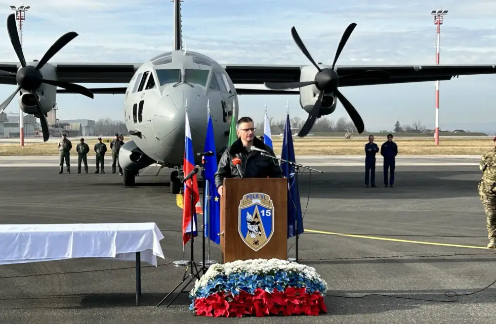 Slovenian Defense Minister Marjan Šarec speaks at ceremony marking the delivery of the first of two Leonardo C-27J Spartan transport aircraft to the Slovenian air force. 