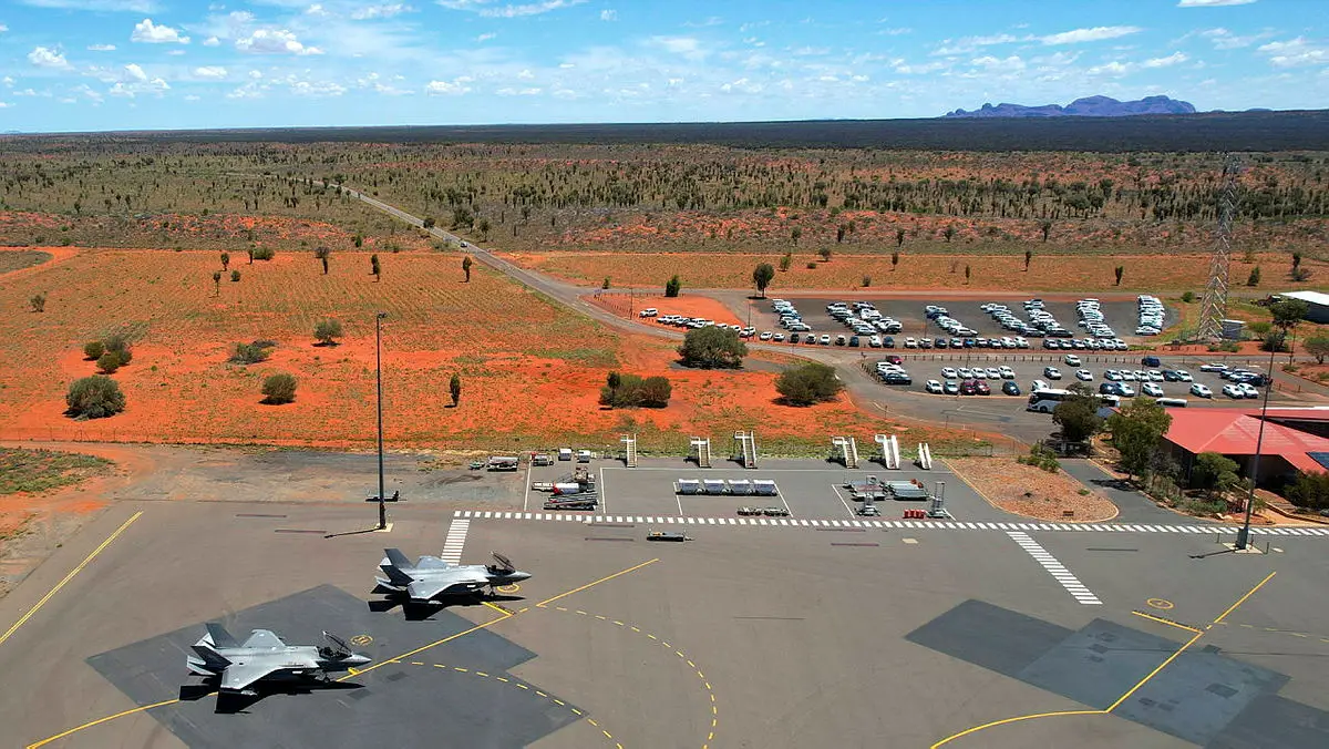 F-35A Lightning II aircraft from No. 75 Squadron at Ayers Rock (Connellan) Airport, Northern Territory.