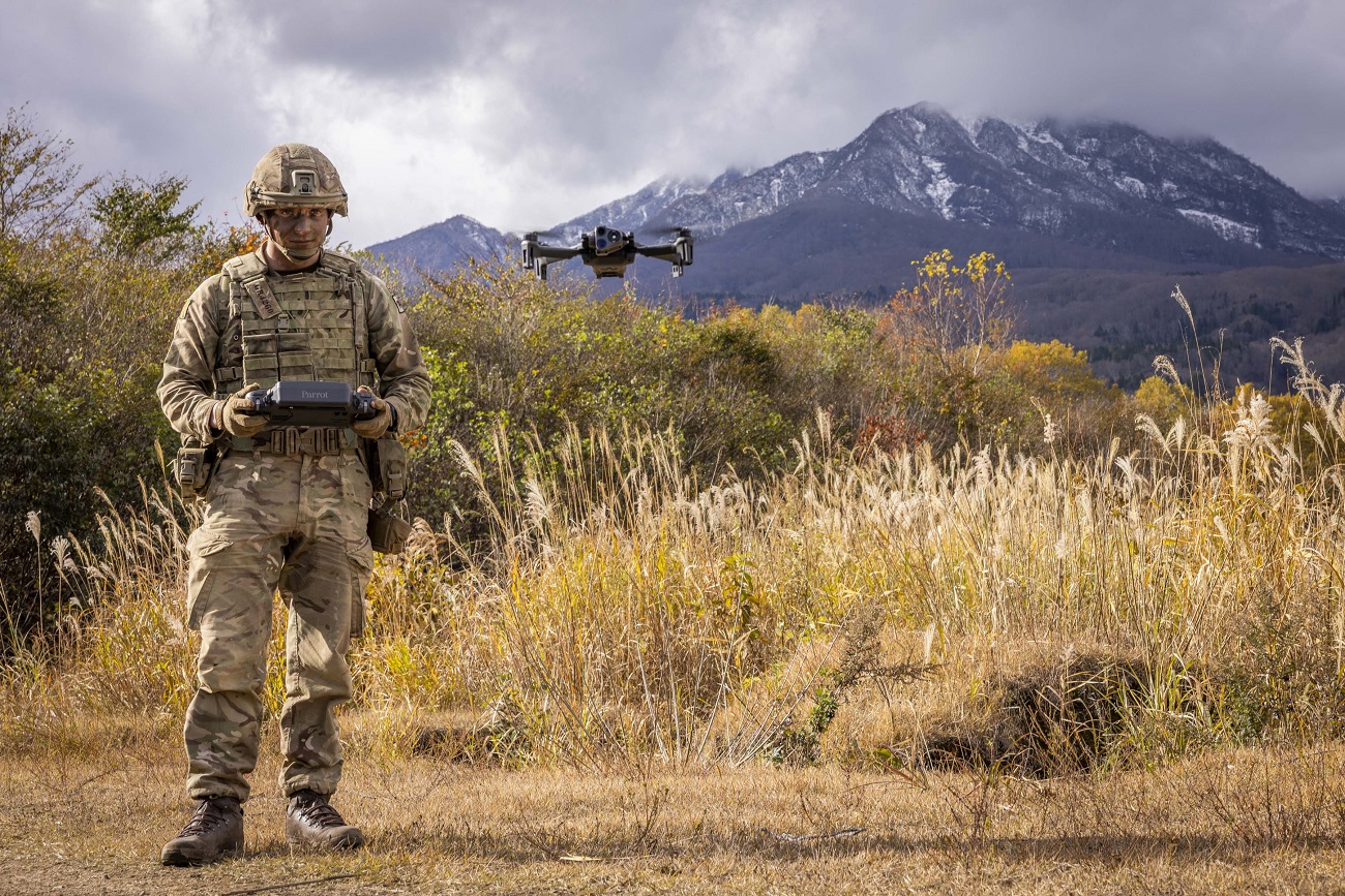 A soldier from the 3rd Battalion, Royal Regiment of Scotland, flies the Parrot Anafi drone to identify targets during the Live Firing Tactical Training phase of Exercise Vigilant Isles on 18 November 2023.