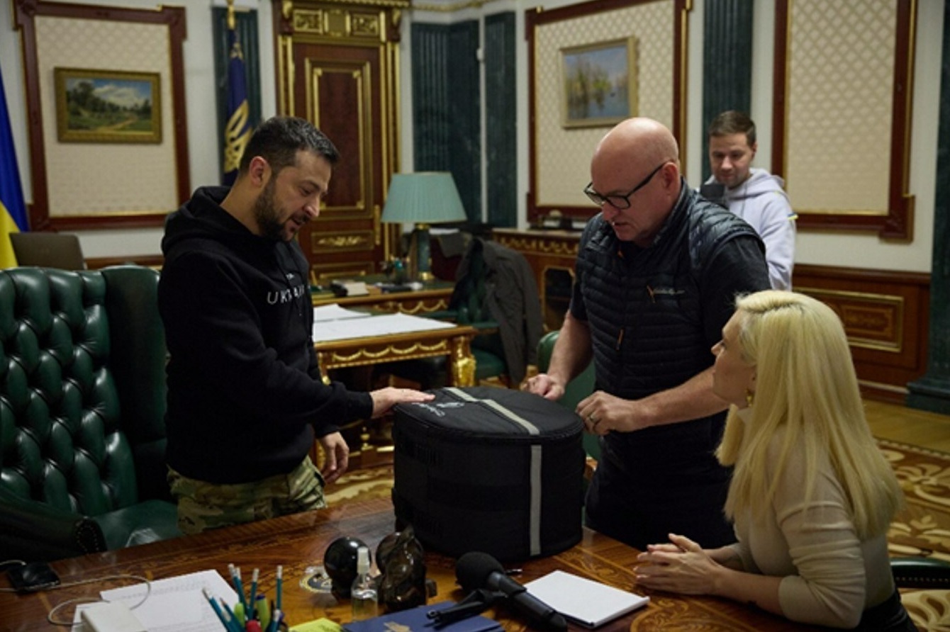 President Zelensky of Ukraine receives a donation of 360 Gamma shields for his country's emergency services, StemRad is represented by retired NASA astronaut Scott Kelly.